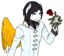 Size: 1167x1024 | Tagged: safe, artist:imreer, derpibooru import, oc, oc only, oc:richard, anthro, pegasus, clothes, eye scar, flower, heterochromia, male, pegasus oc, rose, scar, simple background, smiling, solo, transparent background, wings