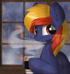 Size: 3647x3812 | Tagged: safe, artist:janelearts, derpibooru import, oc, oc only, pegasus, pony, coffee cup, commission, cup, female, mare, present, rain, solo, window