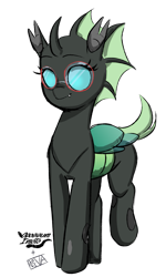 Size: 1391x2320 | Tagged: safe, artist:evan555alpha, artist:opossum_imoto, color edit, edit, ponybooru exclusive, oc, oc only, oc:yvette (evan555alpha), changeling, evan's daily buggo, changeling oc, colored, cute, dorsal fin, fangs, female, happy, raised leg, round glasses, signature, simple background, sketch, smiling, solo, transparent background