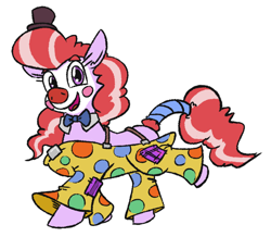 Size: 702x613 | Tagged: safe, artist:jargon scott, derpibooru import, oc, oc only, oc:clown pony, earth pony, pony, bowtie, clothes, clown, clown makeup, clown nose, female, hat, looking at you, mare, pants, simple background, solo, suspenders, tiny hat, top hat, white background