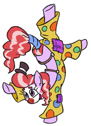 Size: 490x678 | Tagged: safe, artist:jargon scott, derpibooru import, oc, oc only, oc:clown pony, earth pony, pony, bowtie, clothes, clown, clown makeup, clown nose, female, hand stand, handstand, hat, mare, pants, simple background, solo, suspenders, tiny hat, top hat, upside down, white background