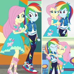 Size: 426x428 | Tagged: safe, derpibooru import, edit, screencap, fluttershy, rainbow dash, better together, equestria girls, holidays unwrapped, rollercoaster of friendship, arm in arm, collage, converse, dashing through the mall, duo, female, geode of fauna, geode of super speed, holding arms, hug, magical geodes, shipping fuel, shoes