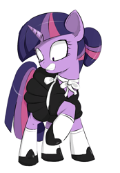 Size: 1073x1541 | Tagged: safe, artist:ponerino, derpibooru import, twilight sparkle, unicorn twilight, pony, unicorn, bow, choker, clothes, colored, digital art, dress, female, gritted teeth, hair bun, hoof shoes, maid, mare, raised hoof, socks, solo, surprised, wide eyes