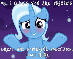 Size: 1500x1213 | Tagged: safe, alternate version, artist:grapefruitface1, derpibooru import, trixie, pony, unicorn, awkward smile, base used, blushing, female, happy, incoming hug, looking at you, mare, meme, my little pogchamp, open arms, pogchamp, raised hoof, solo, space background