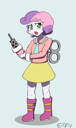 Size: 600x1000 | Tagged: safe, artist:empyu, derpibooru import, sweetie belle, sweetie bot, robot, equestria girls, 30 minute art challenge, arm cannon, nichijou, open mouth, wind up key