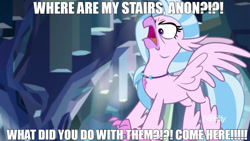 Size: 1280x720 | Tagged: safe, derpibooru import, edit, edited screencap, screencap, silverstream, classical hippogriff, hippogriff, what lies beneath, angry, beak, caption, cute, diastreamies, do not want, faic, image macro, imminent punishment, implied anon, open beak, open mouth, rage, silverrage, solo, stairs, text, that hippogriff sure does love stairs, this will end in pain