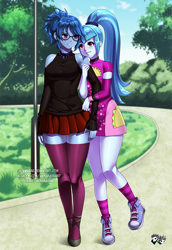 Size: 688x1000 | Tagged: safe, artist:jadenkaiba, derpibooru import, sonata dusk, oc, oc:moonlight, equestria girls, blushing, canon x oc, close together, commission, converse, fanfic art, female, lesbian, looking at each other, park, shoes, smiling, taco dress, watermark