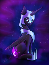 Size: 1303x1715 | Tagged: safe, artist:xbi, derpibooru import, nightmare moon, alicorn, pony, abstract background, cute, female, looking at you, mare, moonabetes, sitting, solo