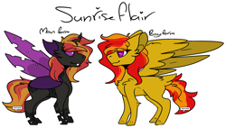 Size: 2156x1224 | Tagged: safe, artist:lamb-shack, derpibooru import, oc, oc only, oc:sunrise flair, changeling, pegasus, big ears, ears, female, purple changeling, reference sheet, simple background, solo, transparent background