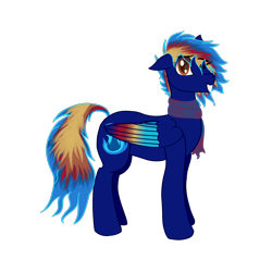 Size: 2000x2000 | Tagged: safe, artist:bluestflames, derpibooru import, oc, oc only, oc:blue flames, pegasus, pony, 2021 community collab, clothes, colored wings, derpibooru community collaboration, grin, looking at you, male, multicolored hair, multicolored wings, one eye closed, scarf, simple background, smiling, solo, stallion, transparent background, wings, wink
