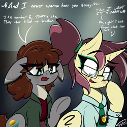 Size: 4500x4500 | Tagged: safe, artist:flywheel, derpibooru import, oc, oc only, oc:ambiguity, earth pony, pony, unicorn, absurd resolution, brooklyn nine nine, clothes, crossover, dialogue, duo, ears, eye clipping through hair, floppy ears, funny, glasses, necktie, open mouth, shirt, sitting, smiling