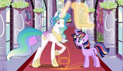 Size: 2723x1564 | Tagged: safe, artist:gallantserver, derpibooru import, princess celestia, oc, oc:valhalla, alicorn, pony, unicorn, female, magic, mare, p0ony, scroll