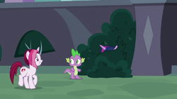 Size: 1920x1080 | Tagged: safe, derpibooru import, screencap, cayenne, spike, twilight sparkle, twilight sparkle (alicorn), alicorn, dragon, pony, unicorn, the point of no return, bush, female, male, mare, winged spike