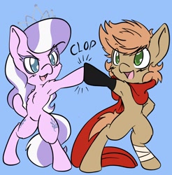 Size: 1514x1536 | Tagged: safe, artist:larrykitty, derpibooru import, diamond tiara, oc, oc:himmel, bipedal, clothes, colt, female, filly, hoofbump, jewelry, male, open mouth, scarf, tiara