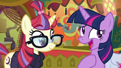 Size: 1920x1080 | Tagged: safe, derpibooru import, screencap, moondancer, twilight sparkle, twilight sparkle (alicorn), alicorn, elephant, pony, unicorn, the point of no return, bag, clothes, female, glasses, mare, saddle bag, sweater, the tasty treat