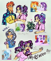 Size: 1824x2193 | Tagged: safe, artist:valeriamagicart, derpibooru import, screencap, phyllis, starlight glimmer, sunburst, trixie, human, unicorn, a horse shoe-in, a trivial pursuit, humanized, one eye closed, phyllis no!, scene interpretation, traditional art, wink