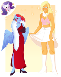 Size: 4627x5856 | Tagged: safe, artist:tsetsera, derpibooru import, applejack, rainbow dash, rarity, anthro, earth pony, pegasus, unicorn, and then there's rarity, applejack also dresses in style, belt, blushing, boots, bra, bracelet, clothes, crop top bra, dress, ear piercing, earring, ears, evening gloves, eyes closed, eyeshadow, feather boa, female, floppy ears, forced makeover, freckles, gloves, heart, high heel boots, high heels, jewelry, long gloves, makeup, necklace, open mouth, piercing, rainbow dash always dresses in style, scarf, shoes, skirt, tomboy, trio, underwear