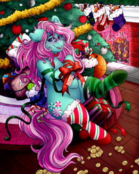 Size: 4000x5000 | Tagged: safe, alternate version, artist:dewdropinn, derpibooru import, part of a set, minty, earth pony, pony, blushing, candy canes, christmas, christmas lights, christmas presents, christmas stocking, christmas tree, clothes, ear fluff, ears, fireplace, frog (hoof), garland, gift wrapped, holiday, minty (g3), minty christmas (dewdropinn), mismatched socks, pink mane, ribbon, smiling, socks, solo, stockings, striped socks, thigh highs, tree, underhoof