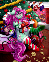 Size: 4000x5000 | Tagged: safe, alternate version, artist:dewdropinn, derpibooru import, part of a set, minty, earth pony, pony, blushing, candy canes, christmas, christmas lights, christmas presents, christmas stocking, christmas tree, clothes, ear fluff, ears, fireplace, frog (hoof), garland, gift wrapped, holiday, minty (g3), minty (vii), minty christmas (dewdropinn), mismatched socks, pink mane, rainbow power, ribbon, smiling, socks, solo, stockings, striped socks, thigh highs, tree, underhoof