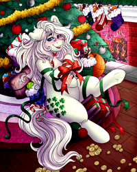 Size: 4000x5000 | Tagged: safe, alternate version, artist:dewdropinn, derpibooru import, part of a set, minty, minty (g1), earth pony, pony, blushing, candy canes, christmas, christmas lights, christmas presents, christmas stocking, christmas tree, ear fluff, ears, fireplace, frog (hoof), garland, gift wrapped, holiday, minty christmas (dewdropinn), pink mane, ribbon, smiling, solo, tree, underhoof