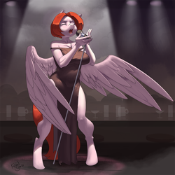 Size: 900x900 | Tagged: safe, artist:kevinsano, derpibooru import, oc, oc only, oc:weathervane, anthro, pegasus, unguligrade anthro, anthro oc, black dress, breasts, busty oc, chest fluff, clothes, commission, detailed background, digital art, dress, eyes closed, female, mare, microphone, open mouth, side slit, singing, solo, spread wings, thighs, wide hips, wings
