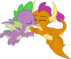 Size: 2067x1712 | Tagged: safe, artist:dragonchaser123, artist:memnoch, derpibooru import, edit, smolder, spike, dragon, cute, dragoness, duo, eyes closed, female, kissing, male, shipping, simple background, smolderbetes, spolder, straight, transparent background, vector, winged spike