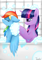 Size: 2480x3507 | Tagged: safe, artist:twidasher, derpibooru import, rainbow dash, twilight sparkle, pegasus, pony, bath, bathing, bathtub, ears, eyes closed, female, floppy ears, lesbian, mare, scrubbing, shipping, signature, soap bubble, suds, twidash, water