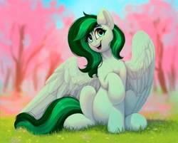 Size: 3000x2416 | Tagged: safe, artist:amishy, derpibooru import, oc, oc only, oc:eden shallowleaf, pegasus, pony, cherry blossoms, flower, flower blossom, large wings, not wallflower blush, open mouth, pegasus oc, sitting, smiling, solo, spread wings, wings