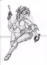 Size: 1700x2339 | Tagged: safe, artist:zemer, derpibooru import, oc, anthro, unicorn, boots, commission, gun, monochrome, roan rpg, shoes, weapon, whip