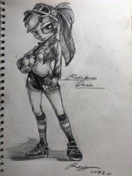 Size: 3024x4032 | Tagged: safe, artist:musical ray, derpibooru import, rainbow dash, human, equestria girls, clothes, female, football, humanized, sketch, solo, solo female, sports, traditional art