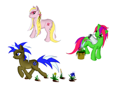 Size: 2922x2052 | Tagged: safe, artist:runic-scribe, derpibooru import, daisy, lily, lily valley, roseluck, oc, oc:orchid, oc:snapdragon, oc:wild flower, earth pony, earth pony oc, flower, flower in hair, flower trio, looking back, looking down, watering can