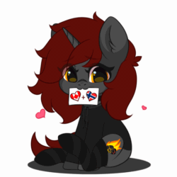 Size: 480x480 | Tagged: safe, artist:yourmeow, derpibooru import, oc, oc only, oc:ember stone, pony, unicorn, animated, clothes, commission, cute, female, gif, heart, hoodie, mare, mouth hold, simple background, sitting, socks, solo, striped socks, white background, ych result, your character here