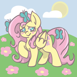 Size: 1000x1000 | Tagged: safe, artist:essehm2u, derpibooru import, fluttershy, butterfly, pegasus, pony, blush sticker, blushing, cute, female, flower, folded wings, grass, hair accessory, looking at you, mare, no pupils, outdoors, raised hoof, shyabetes, sky, smiling, standing, sun, three quarter view, wings