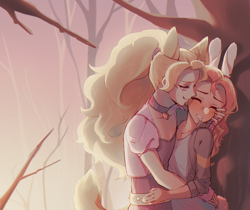 Size: 1367x1151 | Tagged: safe, artist:stummm, derpibooru import, adagio dazzle, sunset shimmer, fox, rabbit, equestria girls, against tree, blushing, bunnified, bunny ears, eyes closed, female, forest, fox ears, foxified, gem, kemonomimi, lesbian, shipping, siren gem, species swap, sunsagio