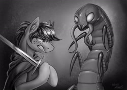 Size: 3409x2436 | Tagged: safe, artist:helmie-art, derpibooru import, oc, oc only, oc:karoline skies, centipede, insect, pony, cape, clothes, ear fluff, ears, female, freckles, giant insect, grayscale, gritted teeth, mare, monochrome, monster, solo, sword, weapon