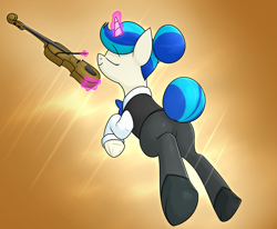 Size: 2613x2148 | Tagged: safe, artist:moonatik, derpibooru import, dj pon-3, vinyl scratch, pony, unicorn, abstract background, alternate costumes, alternate hairstyle, bowtie, clothes, eyes closed, female, hair bun, levitation, magic, mare, musical instrument, out of character, playing instrument, shirt, shoes, smiling, solo, tail bun, telekinesis, underhoof, vinyl class, violin, waistcoat