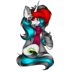 Size: 1950x1950 | Tagged: safe, artist:darklight1315, derpibooru import, oc, oc:darklight kvass, pony, unicorn, 2021 community collab, clothes, derpibooru community collaboration, ear fluff, ears, female, jacket, leather jacket, mare, scarf, simple background, sitting, smiling, solo, transparent background