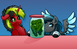 Size: 4000x2550 | Tagged: safe, artist:witchtaunter, derpibooru import, oc, pegasus, pony, unicorn, black sclera, chest fluff, commission, confused, ear fluff, ears, fangs, food, jar, pickle, pickle jar