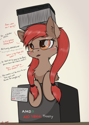 Size: 1057x1486 | Tagged: safe, artist:orang111, derpibooru import, edit, oc, oc only, oc:a-10, oc:trinity, object pony, original species, pony, amd, blushing, box, chest fluff, computer, cooler, cooling fan, cpu, cpu pony, dialogue, ear fluff, ears, eyelashes, female, freckles, long hair, mare, offscreen character, ponified, price tag, signature, solo, talking, translation
