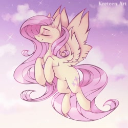 Size: 2000x2000 | Tagged: safe, artist:artkreteen, derpibooru import, fluttershy, pegasus, pony, cloud, colored hooves, cute, eyes closed, female, flying, high res, mare, profile, shyabetes, sky, sky background, smiling, solo, spread wings, stars, wings