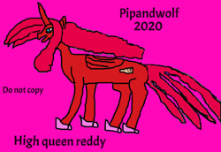 Size: 1077x742 | Tagged: safe, artist:pipandwolf, derpibooru import, oc, oc:high queen reddy, alicorn, pony, 1000 hours in ms paint, 2020, alicorn oc, donut steel, horn, magenta background, original character do not steal, wings