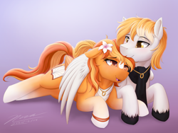 Size: 1024x768 | Tagged: safe, artist:novaintellus, derpibooru import, oc, oc only, oc:serenity, oc:white feather, pegasus, pony, female, flower, flower in hair, hug, husband and wife, jewelry, lidded eyes, lying down, male, mare, married couple, necklace, oc x oc, open mouth, prone, ring, serenither, shipping, smiling, stallion, straight, wedding ring, winghug