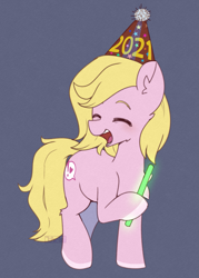 Size: 1289x1800 | Tagged: safe, artist:puetsua, derpibooru import, oc, oc only, earth pony, pony, 2021, commission, ear fluff, ears, eyes closed, female, glowstick, happy new year 2021, hat, mare, open mouth, party hat, smiling, solo