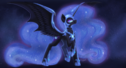 Size: 2384x1300 | Tagged: safe, artist:evedizzy26, derpibooru import, nightmare moon, alicorn, pony, armor, female, helmet, lidded eyes, looking at you, mare, raised hoof, raised leg, solo, spread wings, wing armor, wings