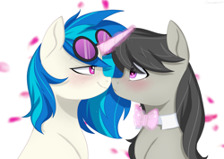 Size: 4093x2894 | Tagged: safe, artist:chickenbrony, derpibooru import, dj pon-3, octavia melody, vinyl scratch, earth pony, pony, unicorn, bedroom eyes, blushing, eye contact, female, heart eyes, lesbian, looking at each other, magic, mare, noseboop, shipping, simple background, wingding eyes