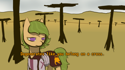 Size: 1920x1080 | Tagged: safe, artist:sunberry, derpibooru import, oc, oc only, oc:sunberry, earth pony, pony, armor, clothes, crucifix, crucifixion, desert, disgusted, fallout, fallout: new vegas, female, frown, green hair, meme, purple eyes, scenery, solo, text