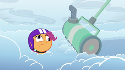 Size: 1280x720 | Tagged: safe, derpibooru import, screencap, scootaloo, parental glideance, derp, helmet, lawn mower, out of context, solo, wavy mouth