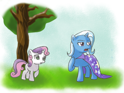 Size: 800x600 | Tagged: safe, artist:acesential, ponerpics import, sweetie belle, trixie, pony, unicorn, deleted from derpibooru, duo, duo female, female, filly, mare, tree