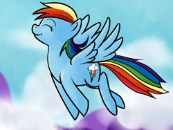 Size: 800x600 | Tagged: safe, artist:acesential, ponerpics import, rainbow dash, pegasus, pony, deleted from derpibooru, eyes closed, female, flying, happy, mare, sky, solo