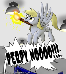 Size: 1024x1151 | Tagged: safe, artist:acesential, ponerpics import, derpy hooves, pegasus, pony, bronycon, burnycon, ceiling light, deleted from derpibooru, female, fire, mare, solo, this will end in death, this will end in fire, this will end in tears, this will end in tears and/or death